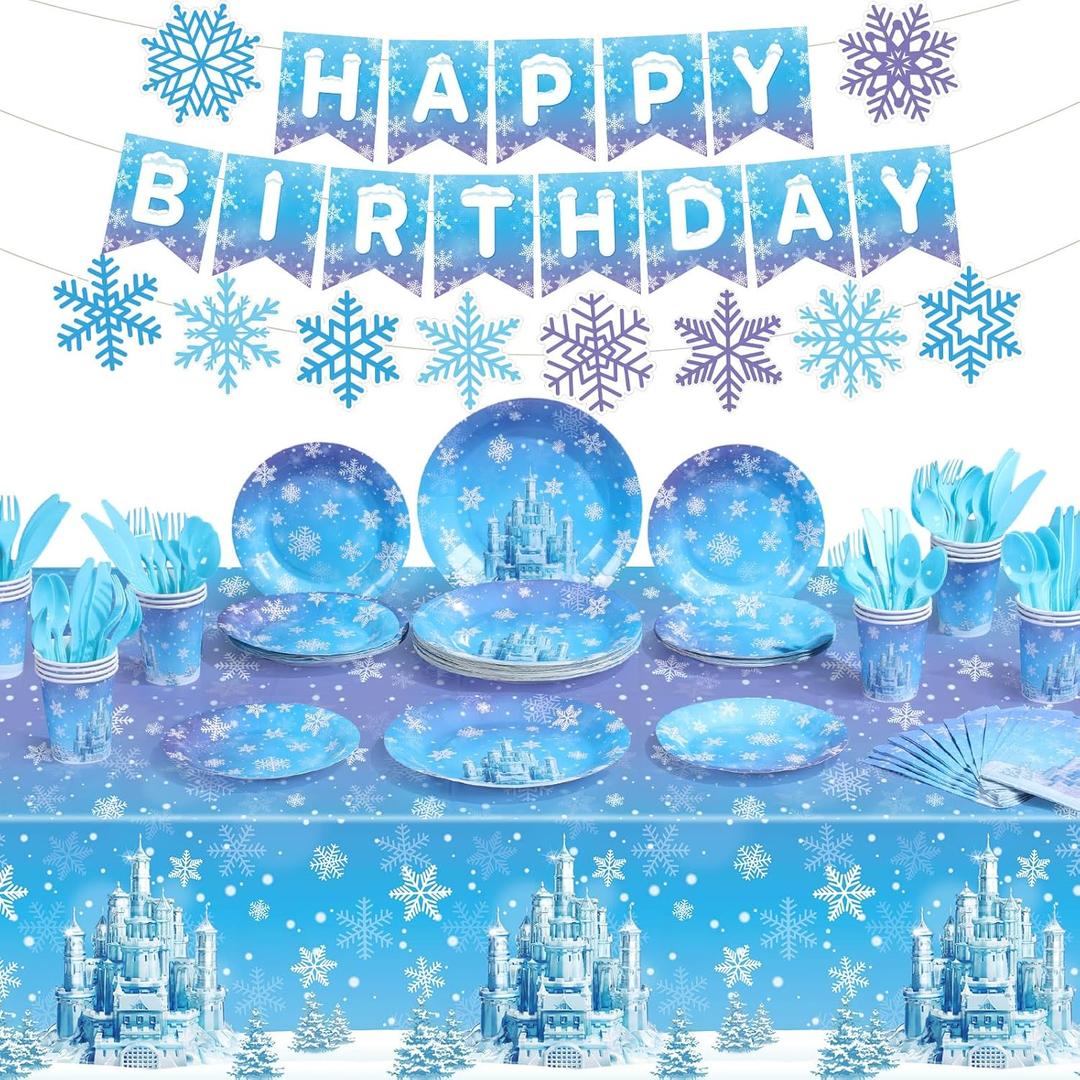 Domensi 173 Pcs Winter Snowflake Party Supplies Christmas Winter Tableware Set Snowflake Tablecloth Plates Cups Napkins Spoons Forks Knives Banner for Xmas Holiday Birthday Party Decoration
