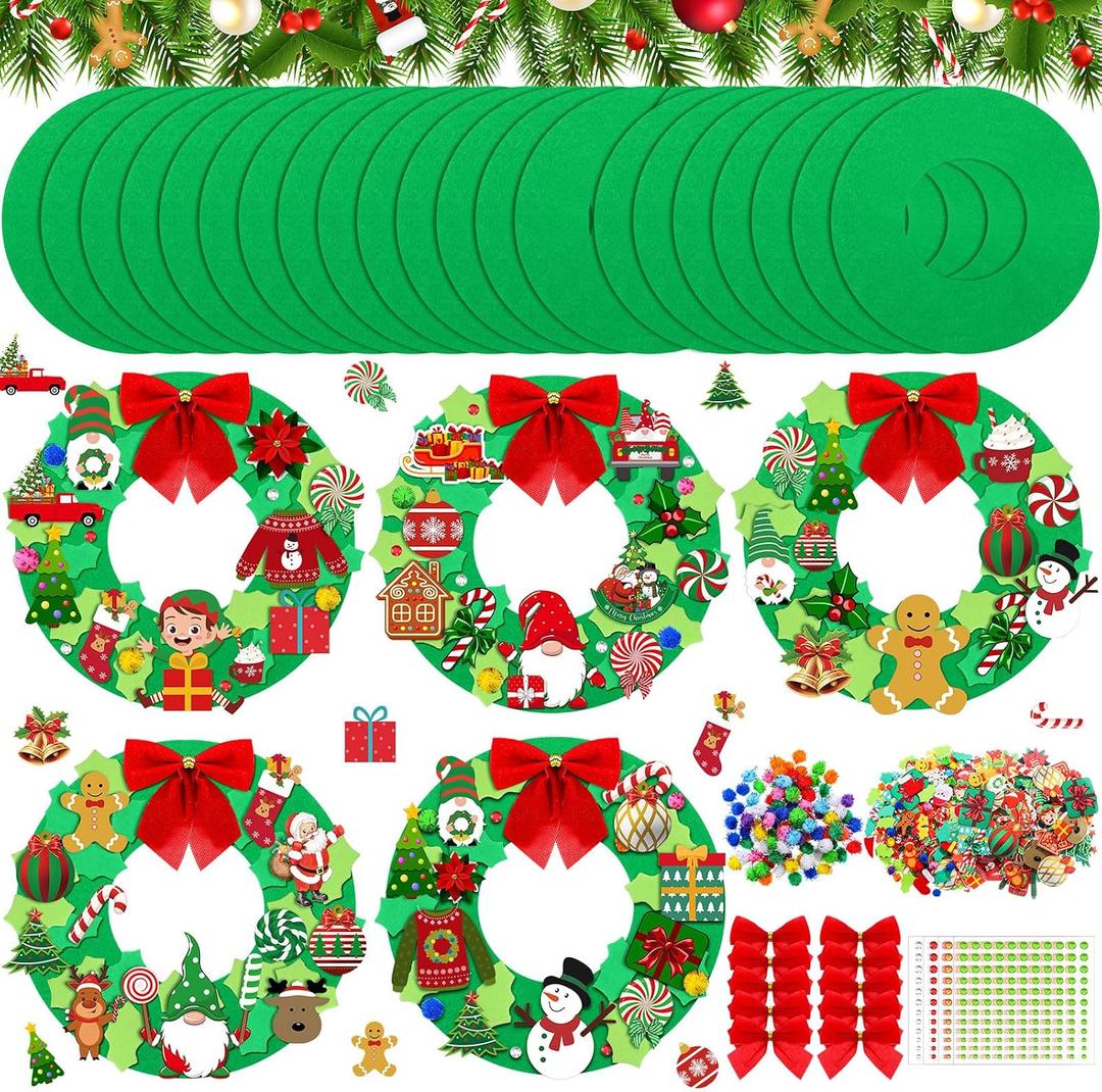 Moucuny 32 Sets DIY Christmas Crafts Kits Christmas Foam Wreath Craft Kits Snowman Santa Bows Sticker Wreath Ornaments Arts and Crafts for Home Indoor Decoration