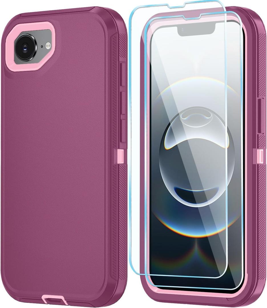 Phone Case for iPhone 16e Case & iPhone 17e Case with HD Screen Protector, Heavy Duty Shockproof & DustProof & 3-Layer Cover Phone Case for iPhone 16e/17e,WineRedPink
