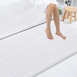 Smiry Luxury Chenille Bathroom Rugs 50x30, Extra Soft and Absorbent Shaggy Bath Mat, Machine Washable, Non-Slip Plush Carpet Runner for Tub, Shower, and Floor, Home Decor Accessories, White