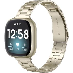 Wearlizer Compatible with Fitbit Versa 4/3 Bands/Fitbit Sense Bands for Women Men, Stainless Steel Ultra-Thin Lightweight Metal Replacement Strap for Versa 4/Sense (Soft Gold)