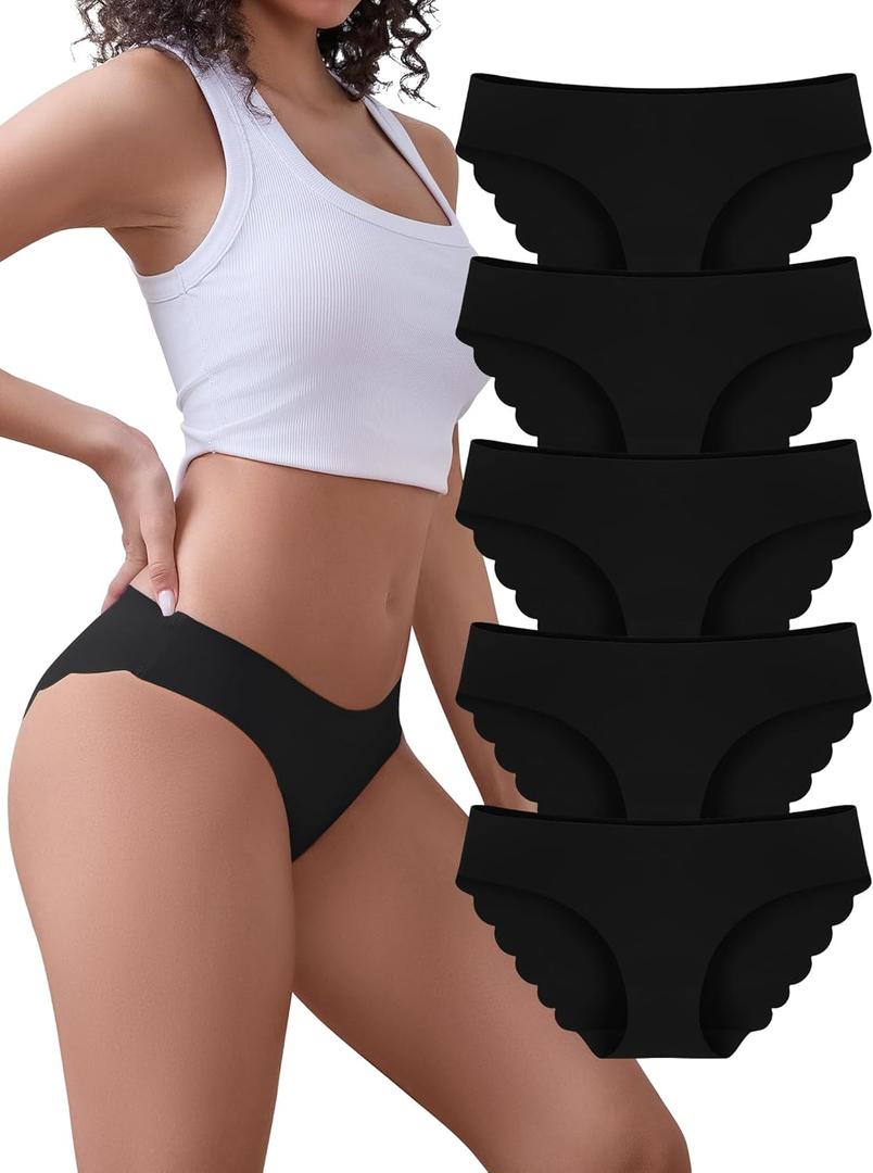voenxe Seamless Bikini Underwear for Women, No Show Ladies Panties, Invisible Hipster Panty Brief Undies, Low Rise Cheeky, 5 Pack (XL,Black)