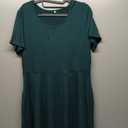 AUSELILY Women's Solid Plain Plus Size Round Neck Short Sleeve Pleated Swing Dress with Pockets Knee Length(L,Dark Green)