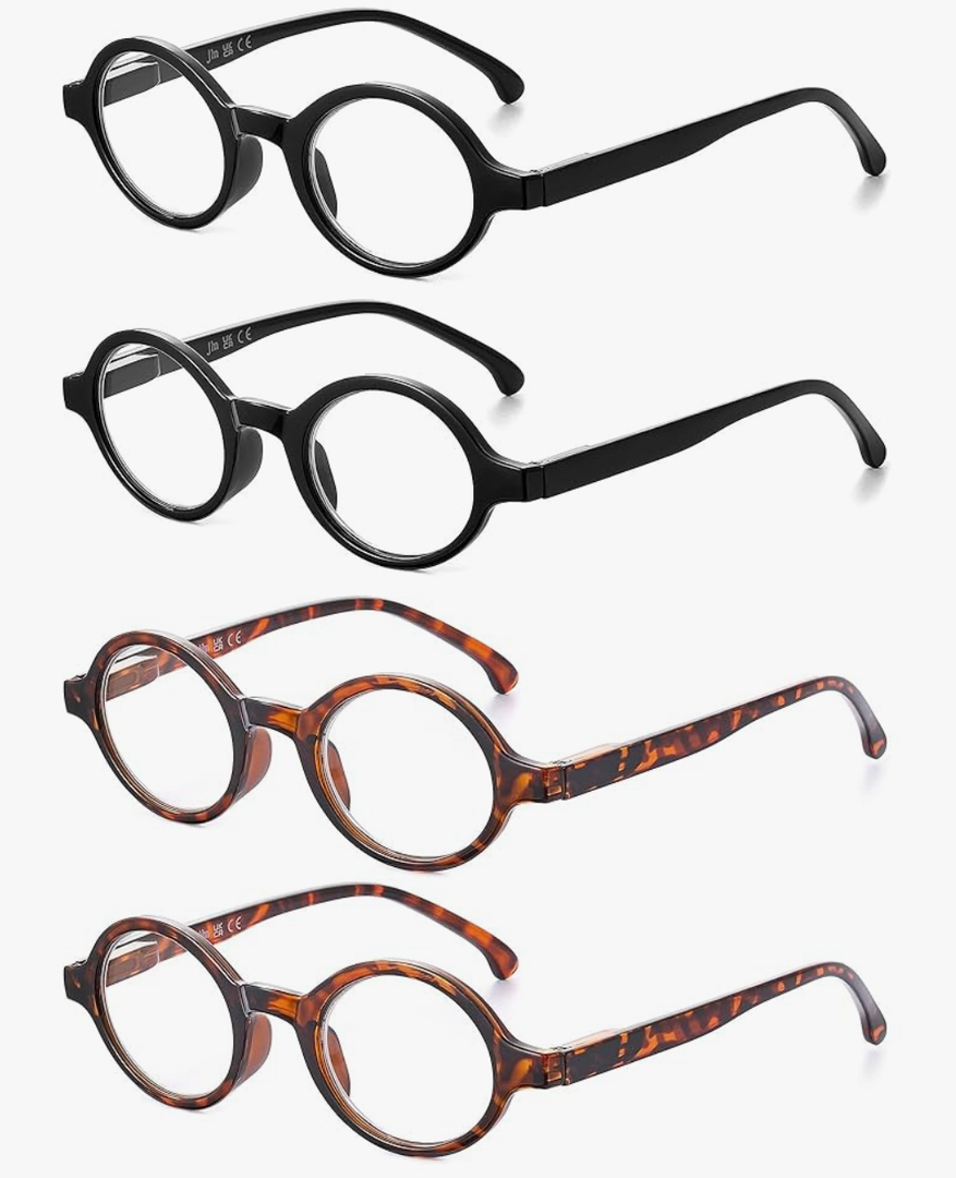 JM Set of 4 Retro Round Reading Glasses Spring Hinge Readers Men Women Glasses for Reading, 4 Pack Mix