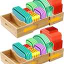 2 Pack Expandable Food Container Lid Organizers, Gift for Christmas Bamboo Lids Organizer Inside Cabinet with 3 Adjustable Dividers Groove Design, Food Storage Box Lid Holder for Kitchen Organization