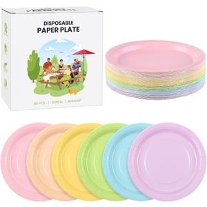 60 Pieces Pastel Rainbow Disposable Paper Plates 9 Inch Heavy Duty Dinner Plates, Solid Color, Table Decorations Party Supplies for Birthdays, Weddings, Daily Use