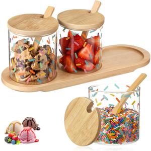 Mimorou Ice Cream Bar Supplies 3 Pcs 10 oz Ice Cream Toppings Container Glass Jars with Lids and Spoons Candy Condiment Bowl with Base for Summer Holiday Sugar Cookies Treat Storage Party Accessories