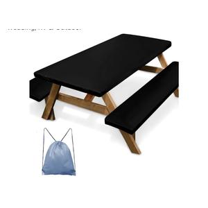 Picnic Table Cover with Bench Covers Elastic Edges, Black Table Cover Outdoor Patio Camping Essentials 72 Inch 3PCS, Waterproof Windproof Tablecloth for Camping, Patio Party, Wedding, RV & Outdoor