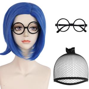 BESTBEL+Glasses+Hair Cap Short Blue Wig for Women Short Bob Wig Blue Anime Synthetic Hair for Halloween Cosplay Womens Cosplay Outfit for Costume Party