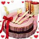 KIRE 210Pcs Clear Pink Plastic Plates with Gold Rim - Disposable Pink Plates & Silverware & Pink Cups & Hand Napkin - Plum Colored Plastic Dinnerware for Upscale Wedding/Valentine's Day