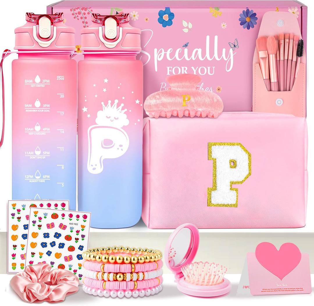 Awfrky Initial Makeup Bag - Christmas Gift Birthday Gifts for Girls 4 5 6 7 8 9 10 11 12 Year Old Teen Girls Personalized Teen Girl Gifts- Cute claw clips for Kids Toddler (Pink P)