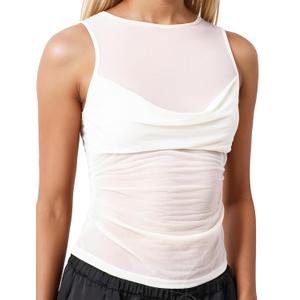 Sexy Pleated Ruched Crop Tank Tops for Women Mock Neck Sleeveless Mesh See Through Double Linery Tank Tops (White)