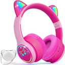 IFECCO Kids Bluetooth Headphones with Case,Cute Light Up Cat Ear Children Girls Wireless Headphones Volume-limiting for School Travel Gifts (rose-pink)