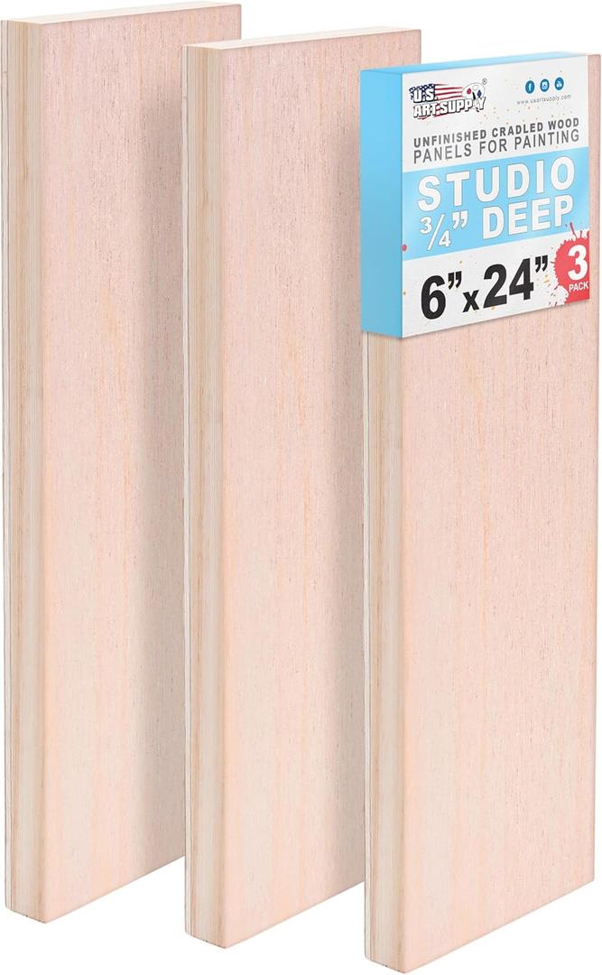 U.S. Art Supply 06" x 24" Unfinished Cradled Wood Panels for Painting, Studio 3/4" Deep (3 Pack) - Artist Depth Birch Wooden Wall Canvases - Mixed-Media Craft, Acrylic, Oil, Encaustic, Paint Pouring