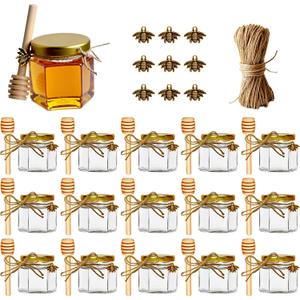 Adabocute Honey Pot 2oz, Mini Glass Honey Jars with Wood Dipper, Gold Lid, Bee Pendants, Beige Gift Bags, Thank-you Tags, Ideal for Baby Showers Favors Wedding Favors, 15 Pack