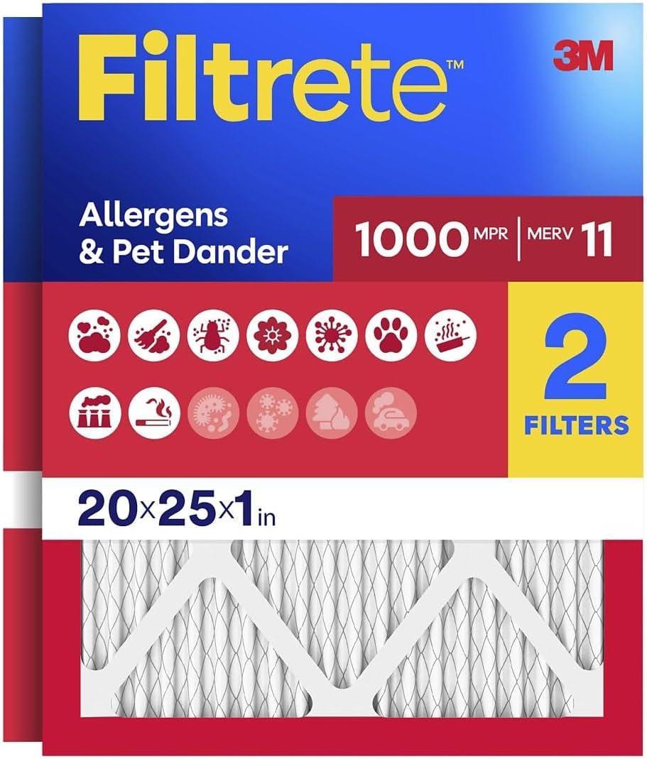 2 x Filtrete 20x25x1 AC Furnace Air Filter, MERV 11, MPR 1000, Micro Allergen Defense, 3-Month Pleated 1-Inch Electrostatic Air Cleaning Filter, 2 Pack (Actual Size 19.688 x 24.688 x 0.84 in)
