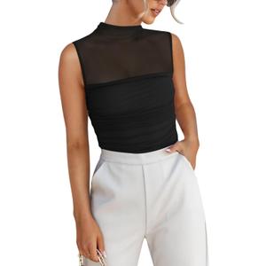 REORIA Womens Sheer Mesh Sexy Bodysuits Mock Neck Sleeveless Shirts Ruched Trendy Going Out Bodysuits Tops 2025 (Large, Black)