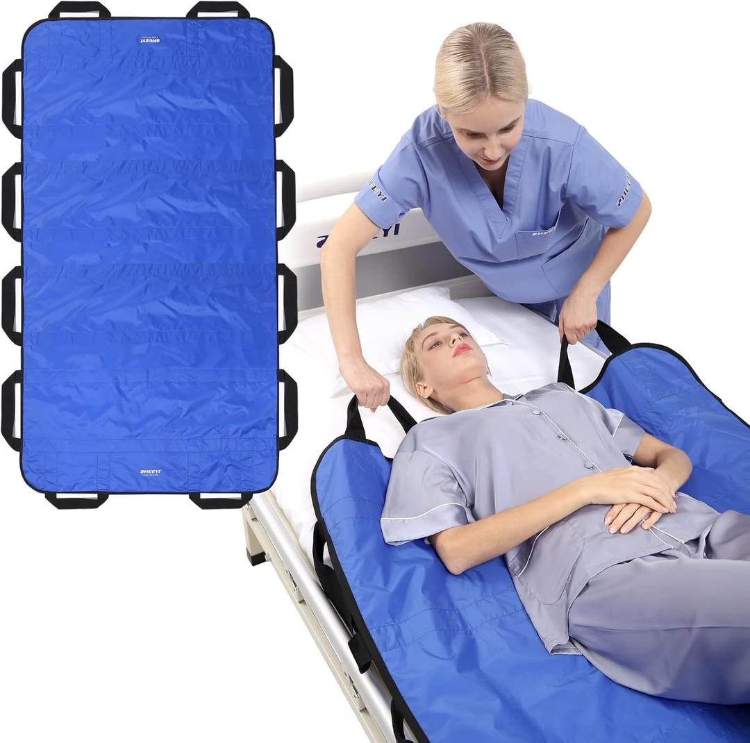 Bed Positioning Pad with Reinforced Handles 63" x 40" Washable Patient Transfer Slide Sheet for Body Lifting, Turning, Repositioning, for Elderly, Incontinence, Caregiver, Blue