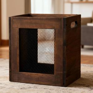 Kathfly 4.5 Gallon Wooden Trash Can for Near Desk, Solid Wood Iron Bedroom Wastebasket, Rectangular Design Garbage Can with Handle, Retro Rustic Wastebasket for Home, Office, Bedroom, Dorm