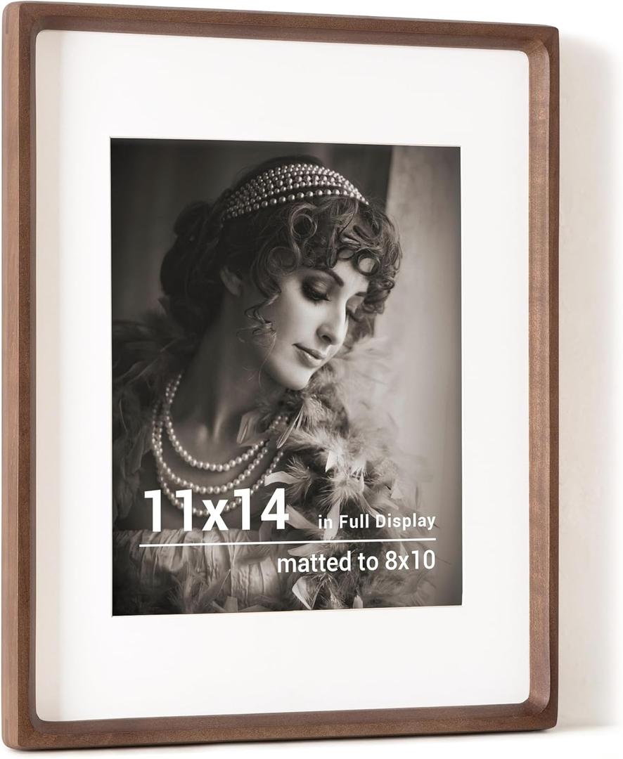 11x14 Picture Frame, USA-Sourced Walnut Wood Photo Frames with HD Tempered Glass, Handcrafted Rounded Corner 11 x 14 Wooden Frame Matted to 8x10 Photos, Gallery Wall Frames for Posters & Art Prints