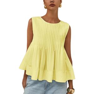 Wyeysyt Womens Pleated Peplum Tops Summer Sleeveless Ruffled Tank Tops Babydoll Blouse Casual Shirred Flowy Shirts (Yellow)