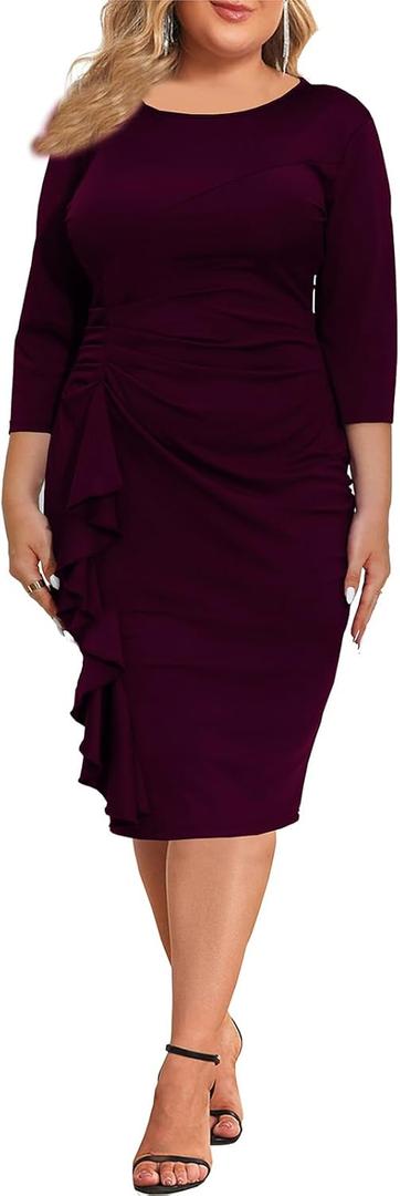 Plus Size Dresses for Women 3/4 Sleeve Bodycon Ruffle Vintage Midi Pencil Dress XXXL