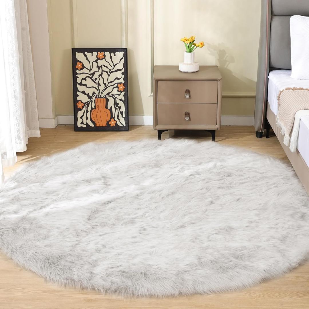 ORINOVA White Shag Round Rugs 6ft Washable Faux Sheepskin Fluffy Fur Area Rugs for Living Room Large Circle Boho Nursery Rug Teen Room Dcor
