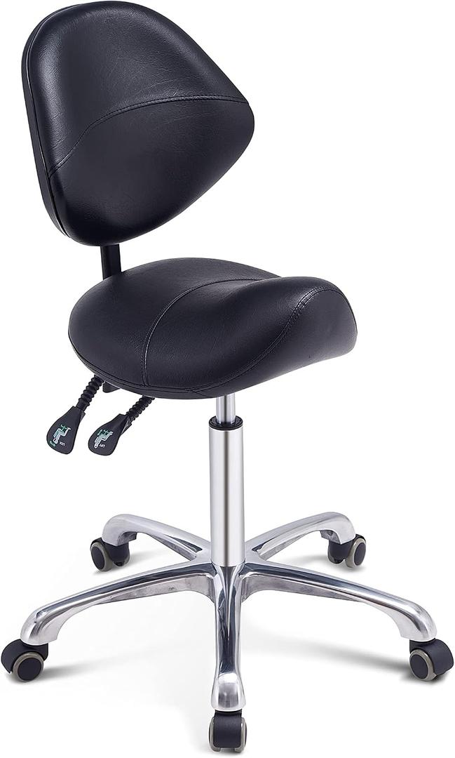 Grace&Grace Professional Saddle Stool Chair with Back Support, Rolling Saddle Ergonomic Stool Heavy Duty for Clinic Dentist Spa Massage Salons Studio (Black, Adjustble Back), Seat Height: 20-28 Inches
