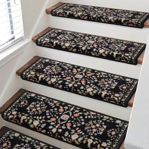RORA Bullnose Carpet Stair Treads Non-Slip Stair Treads for Wooden Steps,Washable Stair Carpet,Floral Stair Rugs,Runner Indoor Stair Mats for Pets Elder,14pcs,29.5 ''x9.5 x1.5 '',Black