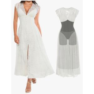 Popilush Evening Dresses Lace Formal Mother of Bride Maxi Dresses for Women V Neck Shapewear Wedding Dress Split L