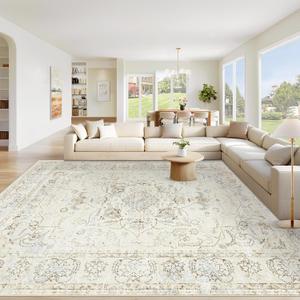 Area Rug 10x12 Washable Rug, Vintage Boho Medallion Rugs Non-Slip Soft Low Pile Large Distressed Rug Indoor Retro Carpet for Living Room Bedroom Dining Room Home Office Cream/Light Blue 10'x12'