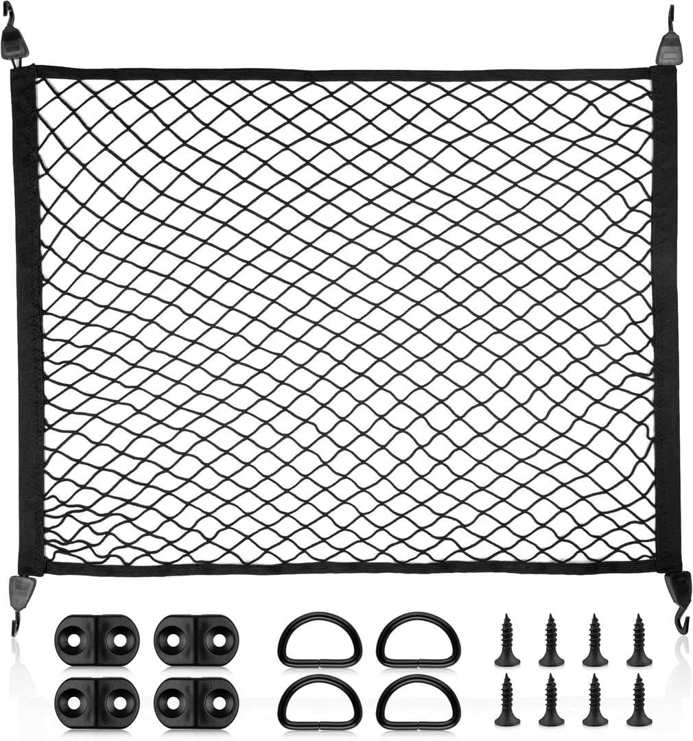 RED WOLF Elastic Cargo Net for SUV Rear Trunk Bed Netting Cover Net Stretchable Mesh Organizer 32" x 24" Stretch to 63"x43" with Fixing Hooks D-Rings Luggage Cover