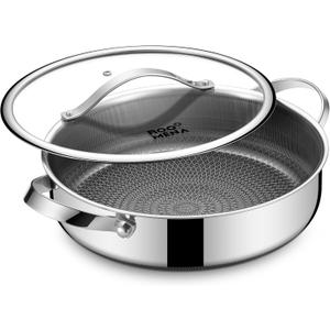 Frying Pans Nonstick with Lid, Hybrid Ceramic Nonstick Tri-Ply Saute Pan with Lid, PFAS/PFOA/PTFE Free, Metal Utensil Safe, Dishwasher & Oven Safe, Induction Compatible (12"(Double Helper Handle))