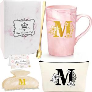 Initial Letter Gift Set for Women - Personalized Monogram Ceramic Mug Set - Initial Letter Gifts for Birthday, Bridesmaid, Mothers Day Gift for Her (M)