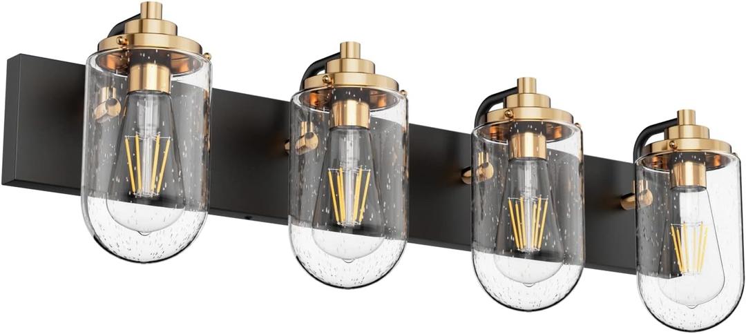 Ralbay Vintage Metal Black Bathroom Vanity Light Fixtures 4 Light Matte Black with Seeded Glass Wall Lighting Fxiture