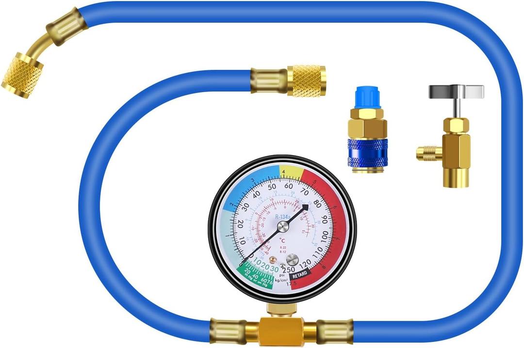 JIFETOR AC Charge Hose with Gauge for R134A, Car HVAC Refrigerant Recharge Kit, Home Air Conditioning U Charging Hose Low Pressure Measuring Meter 1/4 inch Fittings Can Tap Quick Coupler, 42 inch Long