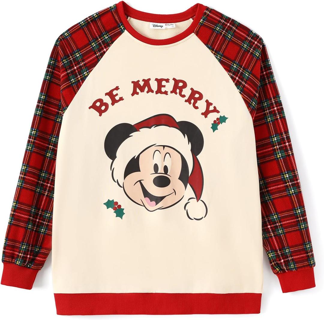 Disney family matching sweatshirt Stitch Mickey Spiderman print long sleeve winter Christmas mom dad kids loose fit red (Medium)