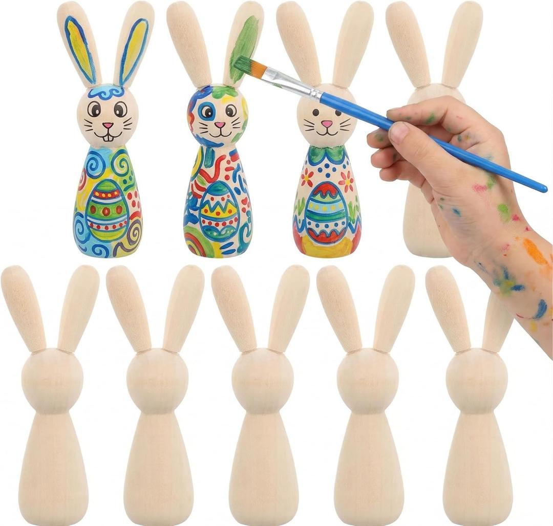 Toyvian 10 Pcs Unfinished Wooden Peg Dolls Rabbit Figures 3.54 Inch Blank Peg Dolls for Kids DIY Crafts Easter Party Decoration
