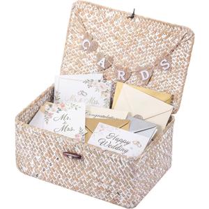 Geelin Sea Grass Wedding Card Basket With Letter Flag Decorative Wedding Card Woven Post Box Suitable For Baby Showers Birthdays Graduation Ceremonies Bridal Showers(11 Inch,White)