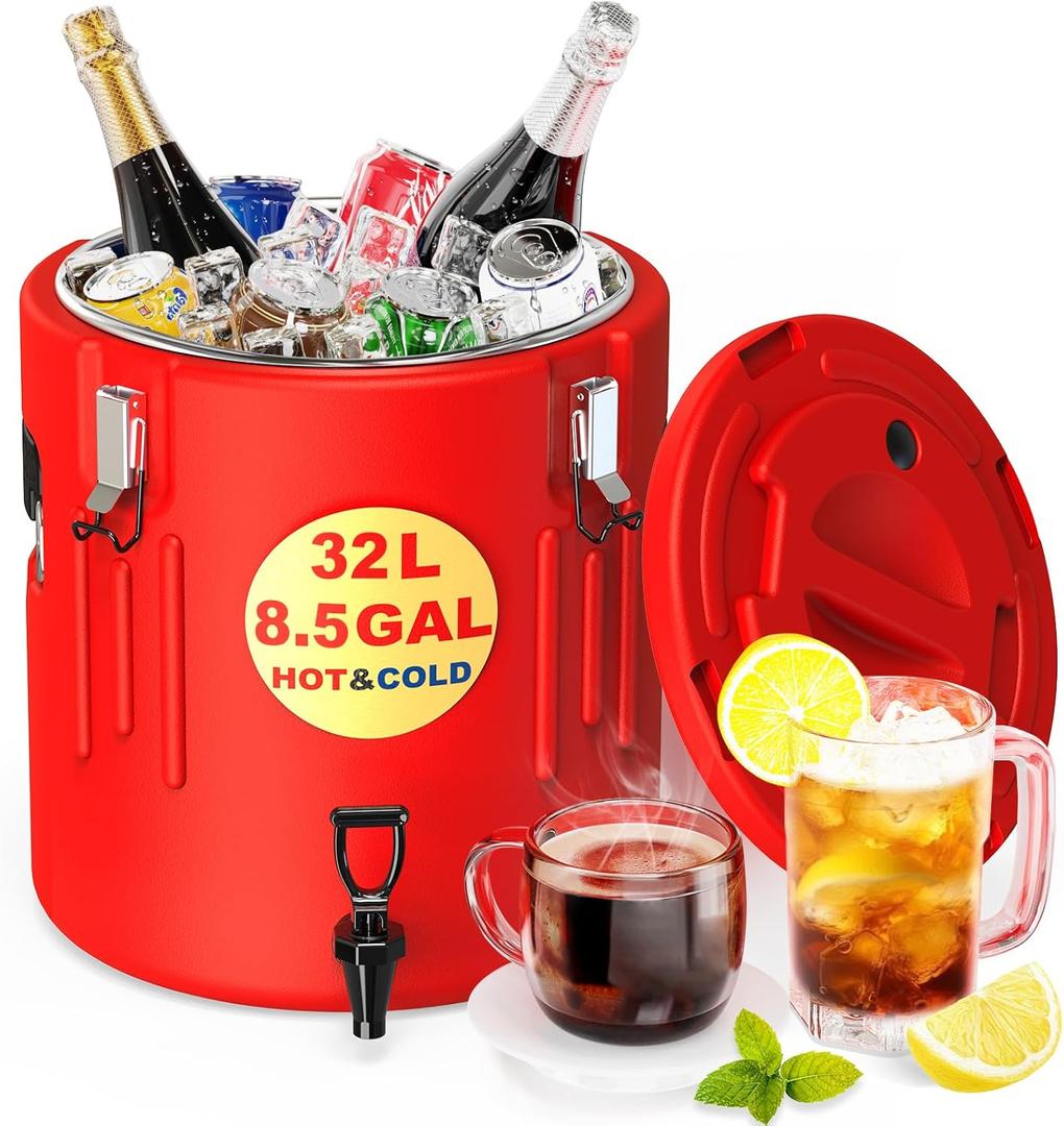 Insulated Beverage Dispenser 32 L - Ice and Hot Drink Dispenser with 304 Stainless Steel Interior and Spout, Portable Hot Water Dispenser, Outdoors Cooler Jug for Camping Party, 8.5 Gallon