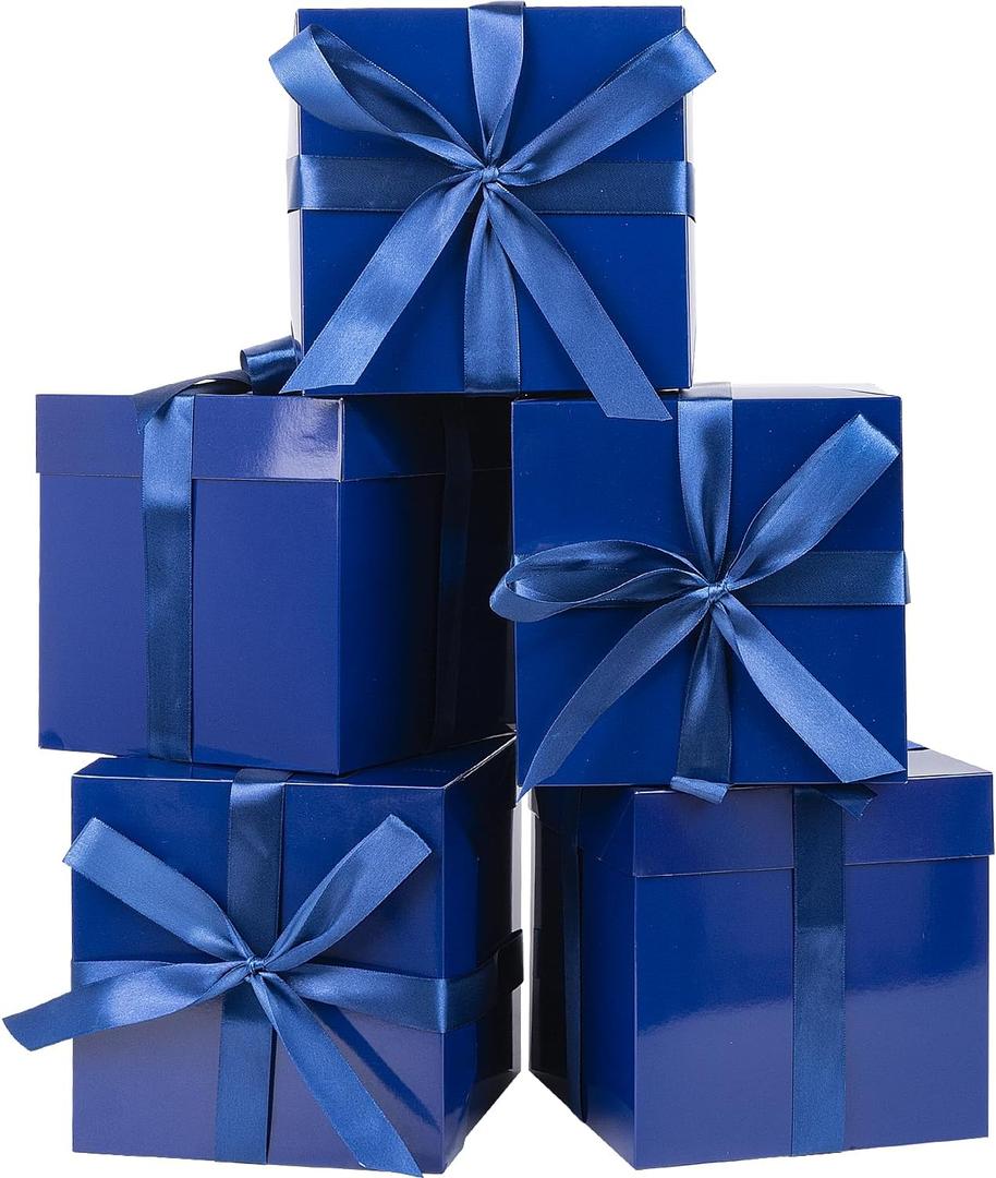 Jaywayang 5 Pack Blue Gift Boxes with Lids, Ribbons and Tissue Papers Square Gift Boxes - 7.1 Inch - Birthday, Wedding, Presents Wrapping, Father's Day, Valentine's Day Decoration Party Favor Boxes.