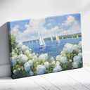 Seaside Hydrangea Wall Art Coastal Sailboat Print Nantucket Artwork for Walls Vintage Hydrangea Poster Seascape Landscape Pictures Coastal Beach Paintings Sailboat Artwork 24x16inch Framed