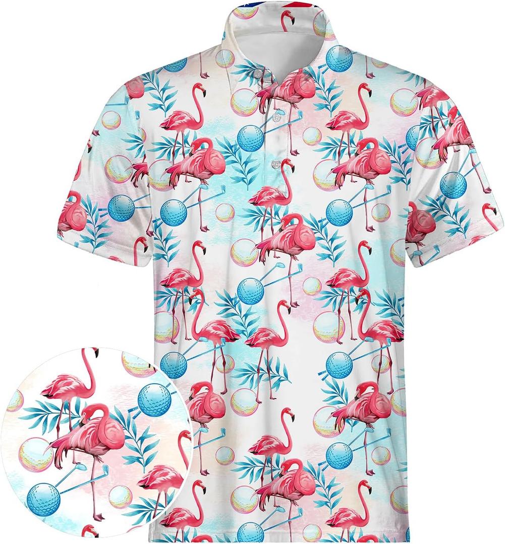 Men's Funny Golf Polo Shirts Quick Dry Blue Cartoon Short Sleeve Polo Shirts (L)