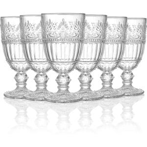 AVLA 6 Pack Glass Goblet, 12 OZ Vintage Wine Glassware, Romantic Wedding Glass Set, Drinking Stemware Beverage Cups for Party, Bar, Champagne, Juice, Beer, Cocktail, Embossed Design