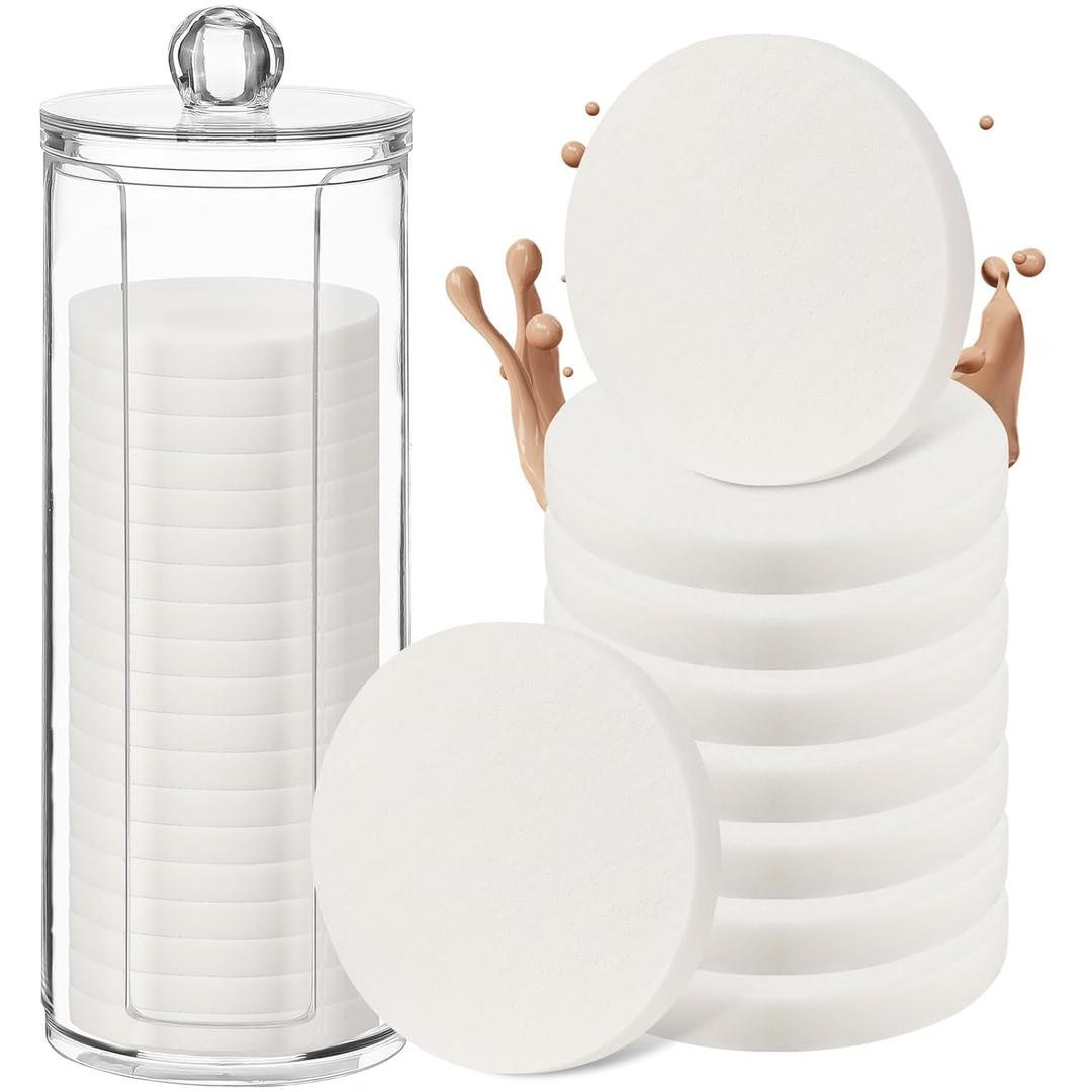 Dandat 20 Pcs Round Makeup Sponge with Acrylic Container Compact Powder Puff Cosmetic Sponge Round Foam Pad Beauty Face Makeup Foundation Powder Blender for Wet and Dry Dual Use(White)