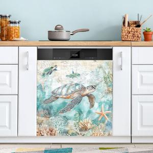 Sea Turtle Coastal Dishwasher Stickers Magnetic Cover Nautical Theme Ocean Starfish Shells Corals Kitchen Fridge Magnet Covers Decals Home Decorations Vinyl Sticker Reusable 23W x 26H inches