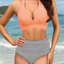 Women's Halter Bikini Sets High Waisted Tummy Control Swimsuit V Neck Push Up Bathing Suits (M)