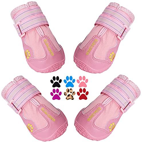 QUMY Dog Shoes for Large Dogs, Medium Dog Boots & Paw Protectors for Winter Snowy Day, Summer Hot Pavement, Water-Resistant in Rainy Weather, Outdoor Walking, Indoor Hardfloors Skid-Resistant Sole, Size 1: 1.8''x2.3''(W*L) (Pack of 4), Pink