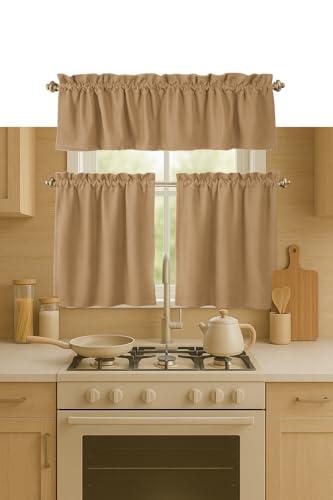 Softopia Cotton 3 Piece Window Curtain Set, 100% Cotton, 2 Tiers 26x36 Inch & 1 Valance 54x18 Inch, Semi Sheer, Rod Pocket, Short Curtains for Kitchen, Café, Living Room, Bathroom, Bedroom, Beige