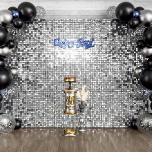 Qcity Silver Shimmer Wall Backdrop 48PCS, Black Back Not See-Through Design, Square Sequin Glitter Backdrop Panel, Perfect for Outdoor Events, Birthdays, Wedding and Party Decoration, Silver